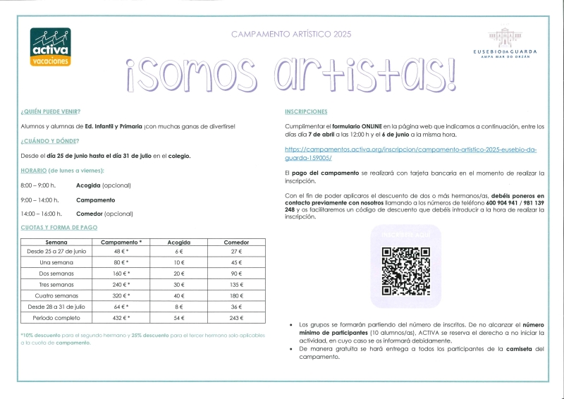 CAMPAMENTO ARTISTICO 2025 EUSEBIO DA GUARDA - 159005 - Inscríbete